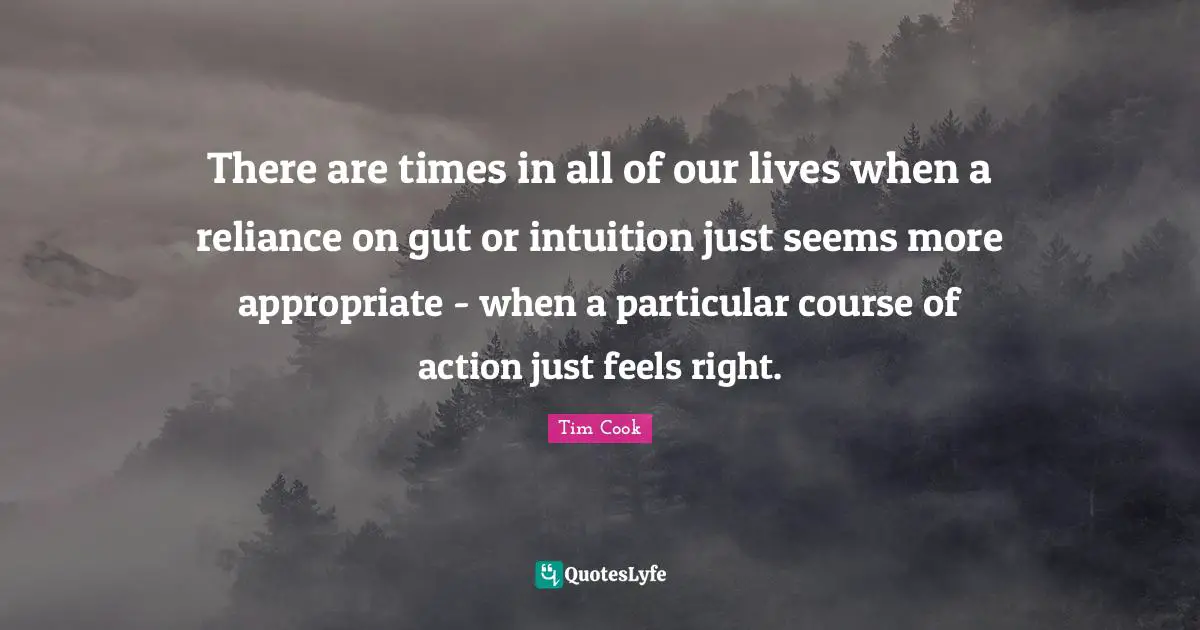 Tim Cook Quotes: "There are times in all of our lives when a reliance on gut or intuition just seems more appropriate - when a particular course of action just feels right."