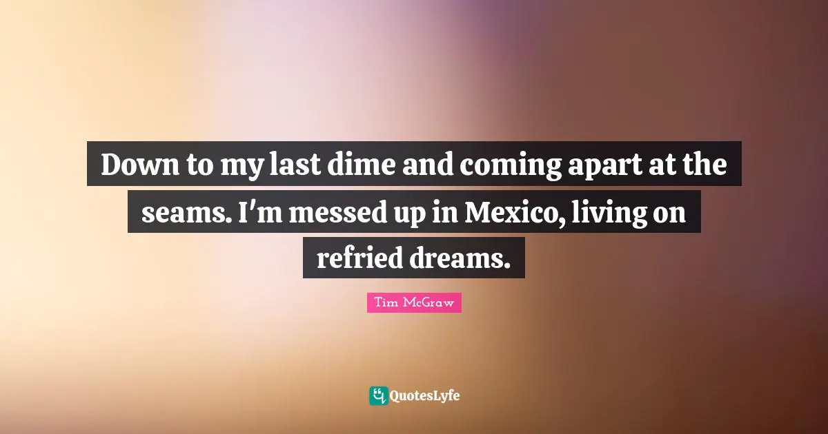 Down to my last dime and coming apart at the seams. I'm messed up in Mexico, living on refried dreams.