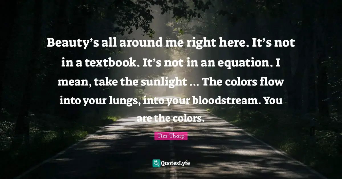 Beauty’s all around me right here. It’s not in a textbook. It’s not in an equation. I mean, take the sunlight … The colors flow into your lungs, into your bloodstream. You are the colors.