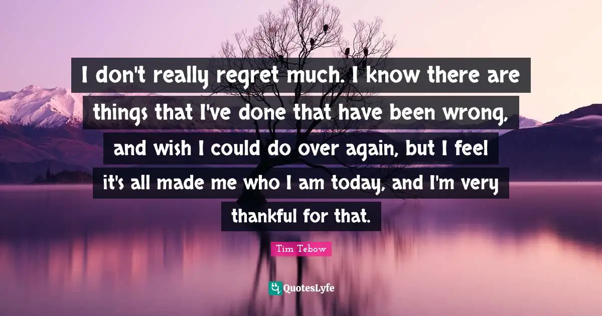 I don't really regret much. I know there are things that I've done that have been wrong, and wish I could do over again, but I feel it's all made me who I am today, and I'm very thankful for that.