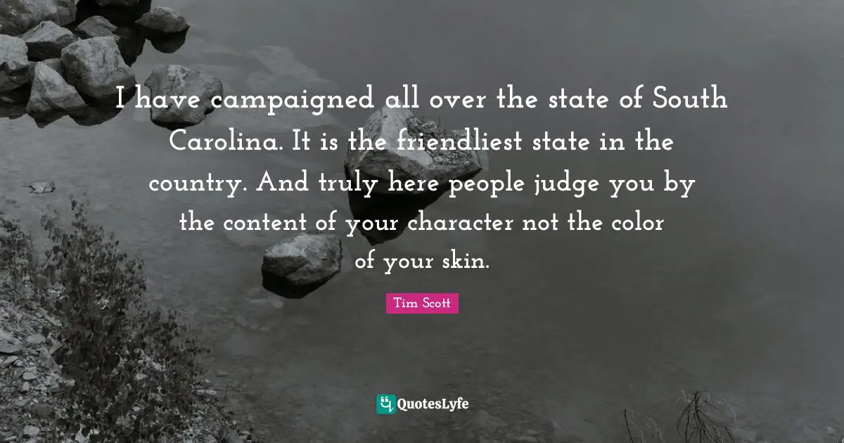 Tim Scott Quotes: "I have campaigned all over the state of South Carolina. It is the friendliest state in the country. And truly here people judge you by the content of your character not the color of your skin."