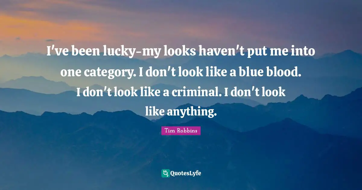 I've been lucky-my looks haven't put me into one category. I don't look like a blue blood. I don't look like a criminal. I don't look like anything.