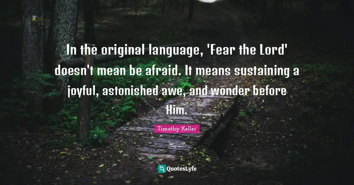 Timothy Keller Quotes: "In the original language, 'Fear the Lord' doesn't mean be afraid. It means sustaining a joyful, astonished awe, and wonder before Him."