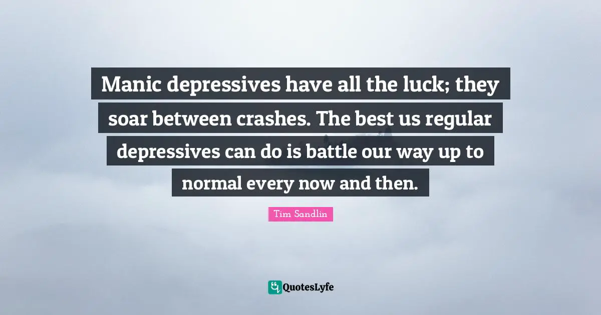 Manic depressives have all the luck; they soar between crashes. The best us regular depressives can do is battle our way up to normal every now and then.