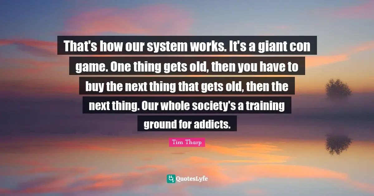 That's how our system works. It's a giant con game. One thing gets old, then you have to buy the next thing that gets old, then the next thing. Our whole society's a training ground for addicts.