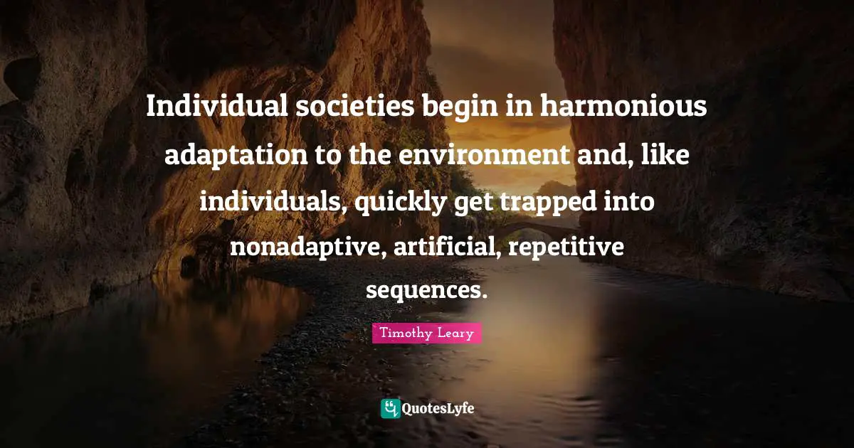 Individual societies begin in harmonious adaptation to the environment and, like individuals, quickly get trapped into nonadaptive, artificial, repetitive sequences.