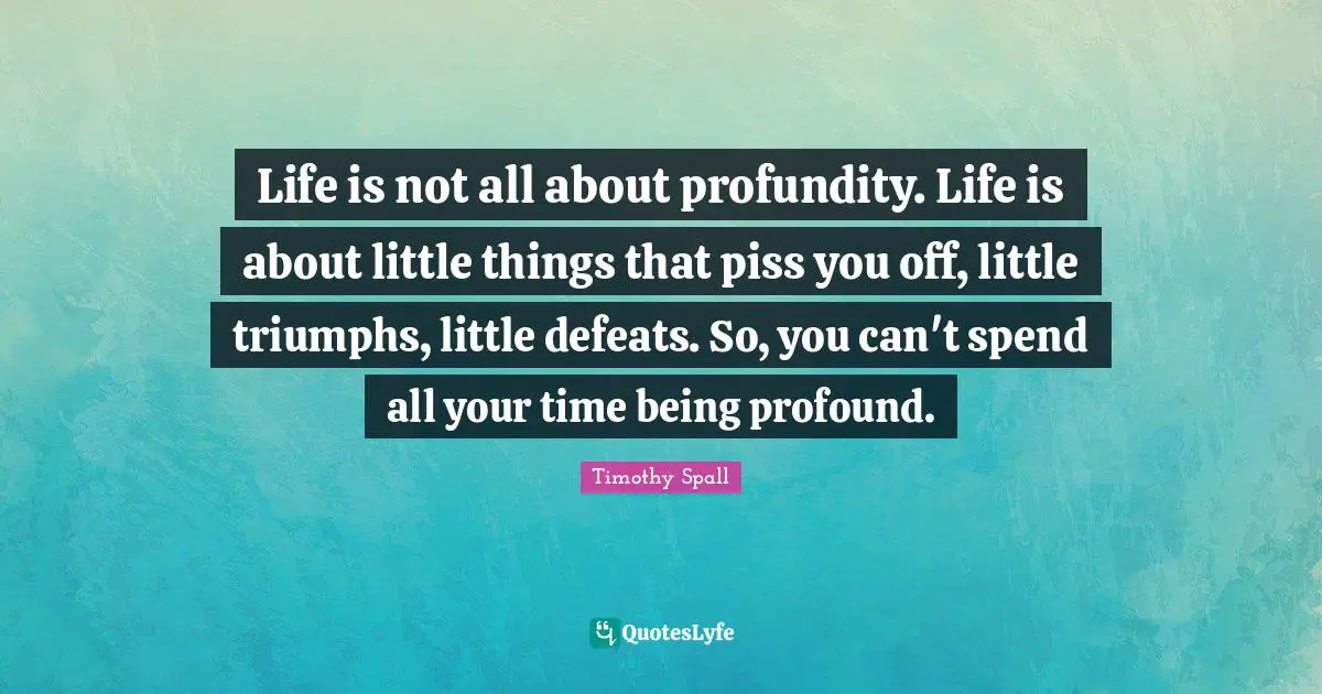 Life is not all about profundity. Life is about little things that piss you off, little triumphs, little defeats. So, you can't spend all your time being profound.