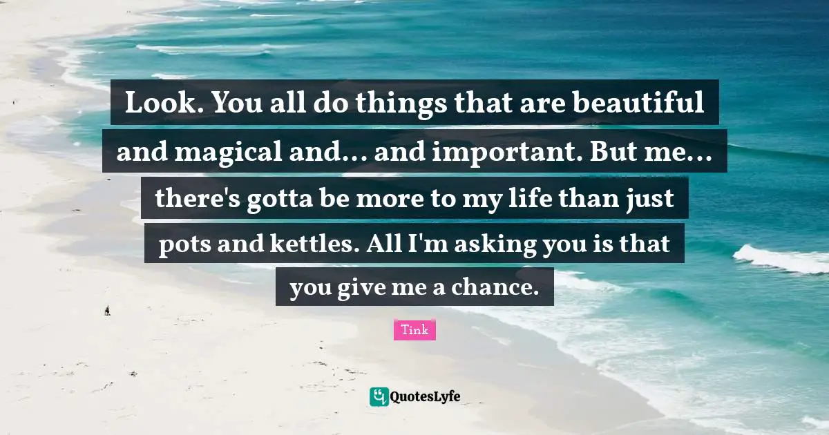 Look. You all do things that are beautiful and magical and... and important. But me... there's gotta be more to my life than just pots and kettles. All I'm asking you is that you give me a chance.