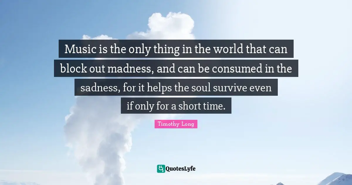 Music is the only thing in the world that can block out madness, and can be consumed in the sadness, for it helps the soul survive even if only for a short time.