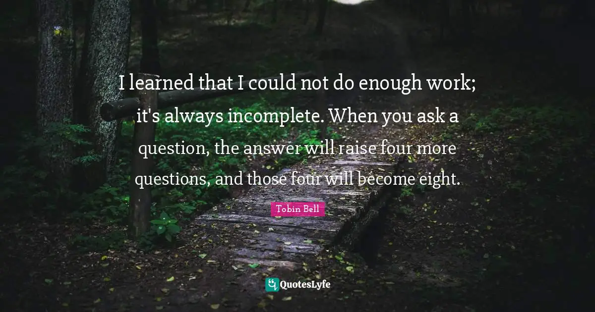 I learned that I could not do enough work; it's always incomplete. When you ask a question, the answer will raise four more questions, and those four will become eight.