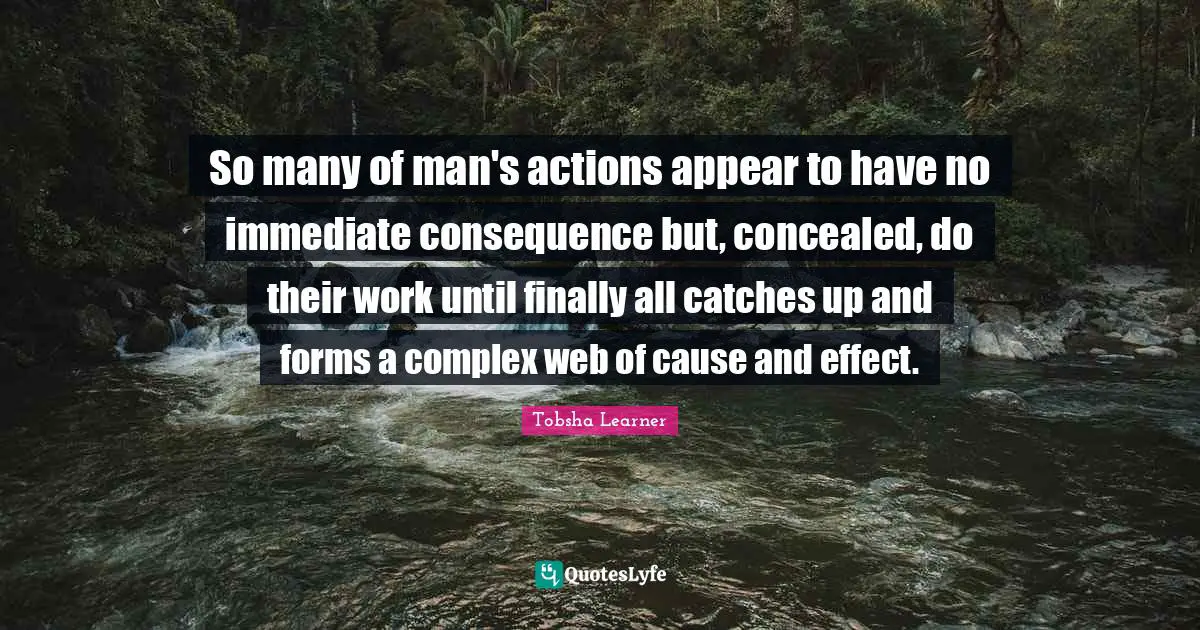 So many of man's actions appear to have no immediate consequence but, concealed, do their work until finally all catches up and forms a complex web of cause and effect.
