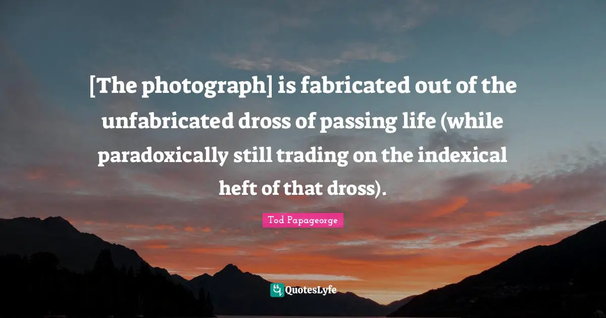 [The photograph] is fabricated out of the unfabricated dross of passing life (while paradoxically still trading on the indexical heft of that dross).