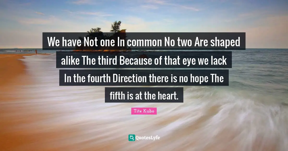 We have Not one In common No two Are shaped alike The third Because of that eye we lack In the fourth Direction there is no hope The fifth is at the heart.