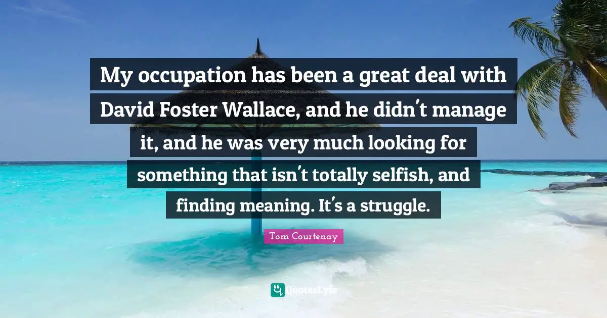 My occupation has been a great deal with David Foster Wallace, and he didn't manage it, and he was very much looking for something that isn't totally selfish, and finding meaning. It's a struggle.