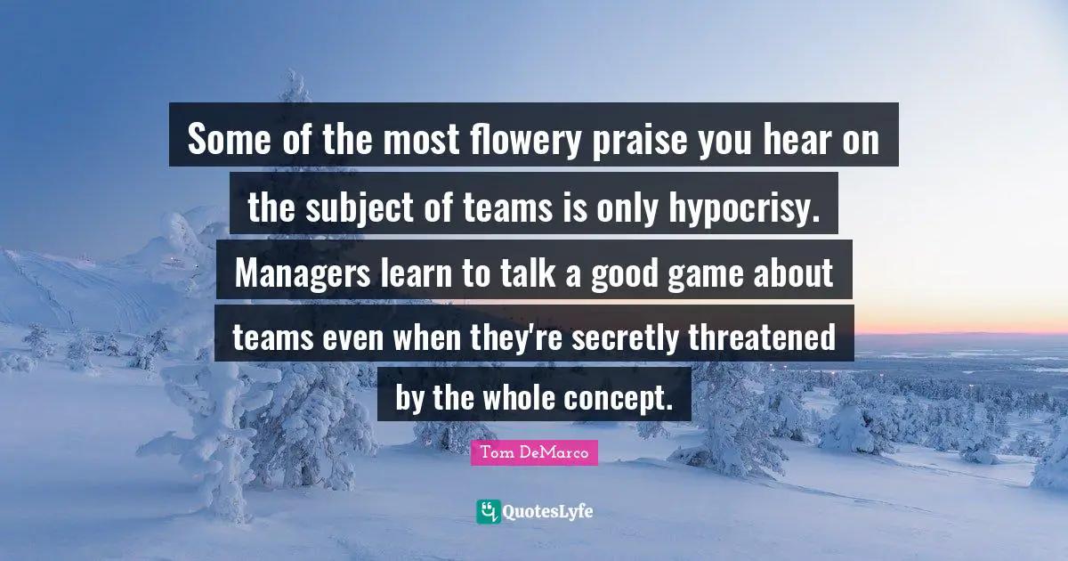 M.J. DeMarco Quotes: "Some of the most flowery praise you hear on the subject of teams is only hypocrisy. Managers learn to talk a good game about teams even when they're secretly threatened by the whole concept."