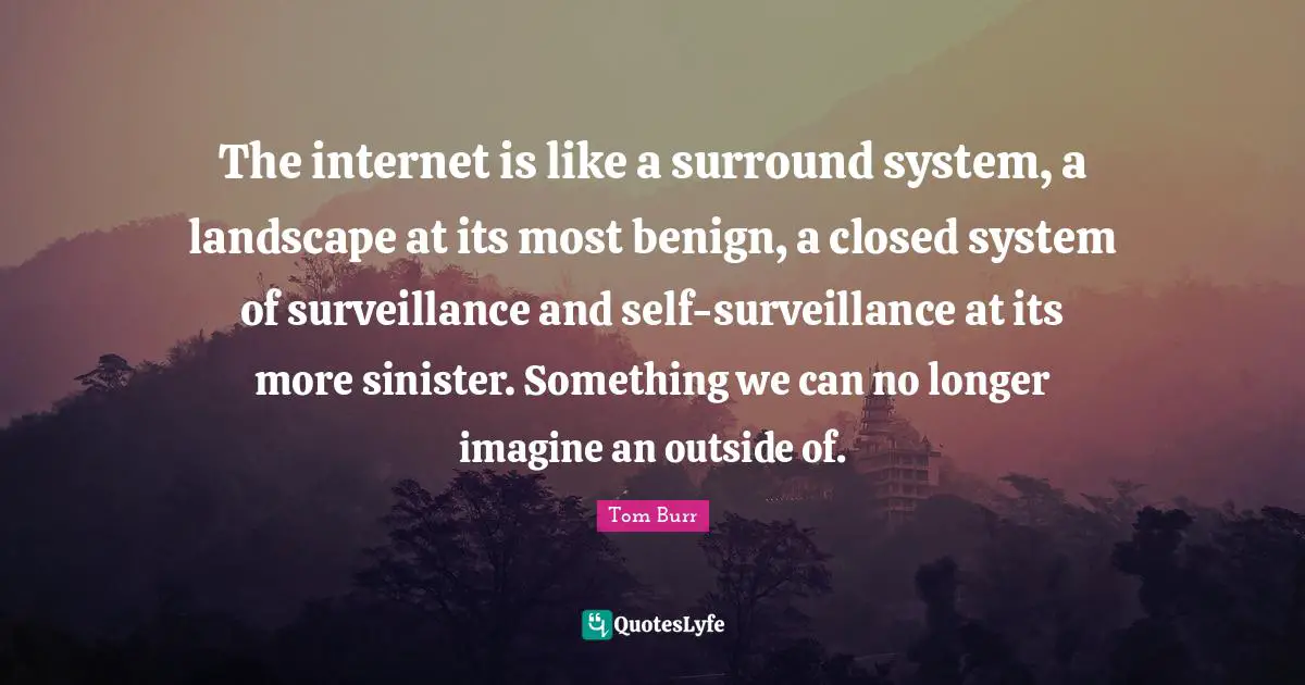 The internet is like a surround system, a landscape at its most benign, a closed system of surveillance and self-surveillance at its more sinister. Something we can no longer imagine an outside of.