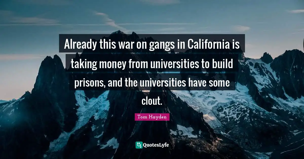 Tom Hayden Quotes: "Already this war on gangs in California is taking money from universities to build prisons, and the universities have some clout."