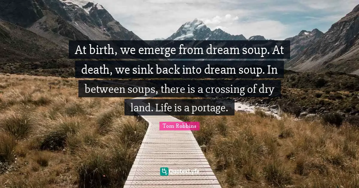 At birth, we emerge from dream soup. At death, we sink back into dream soup. In between soups, there is a crossing of dry land. Life is a portage.