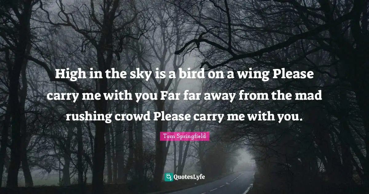 High in the sky is a bird on a wing Please carry me with you Far far away from the mad rushing crowd Please carry me with you.