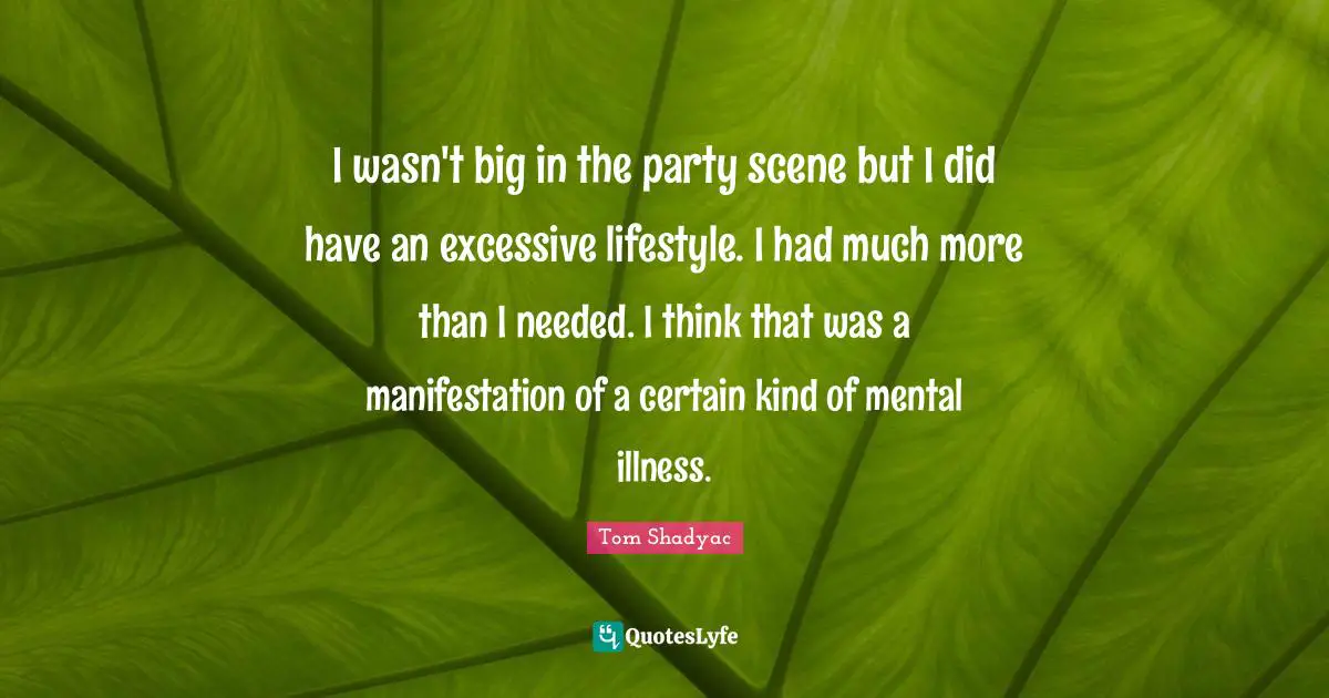 I wasn't big in the party scene but I did have an excessive lifestyle. I had much more than I needed. I think that was a manifestation of a certain kind of mental illness.