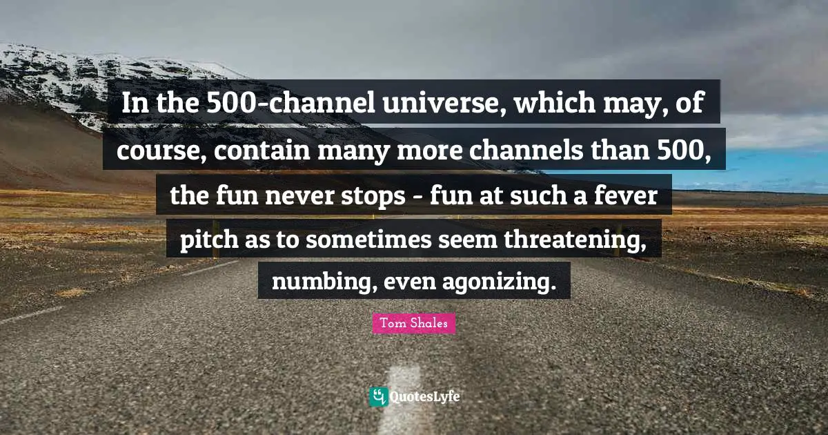 In the 500-channel universe, which may, of course, contain many more channels than 500, the fun never stops - fun at such a fever pitch as to sometimes seem threatening, numbing, even agonizing.
