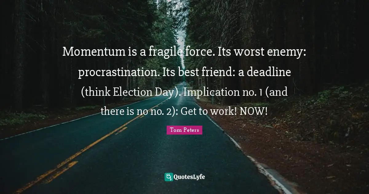 Election Day Quotes: "Momentum is a fragile force. Its worst enemy: procrastination. Its best friend: a deadline (think Election Day). Implication no. 1 (and there is no no. 2): Get to work! NOW!"