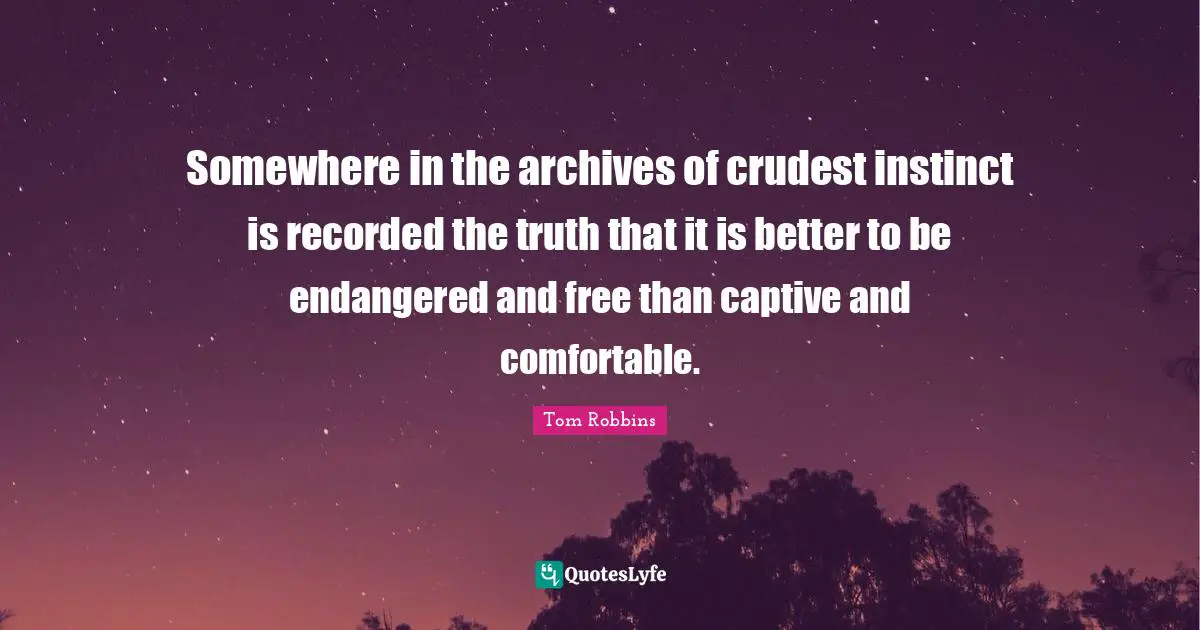 Somewhere in the archives of crudest instinct is recorded the truth that it is better to be endangered and free than captive and comfortable.
