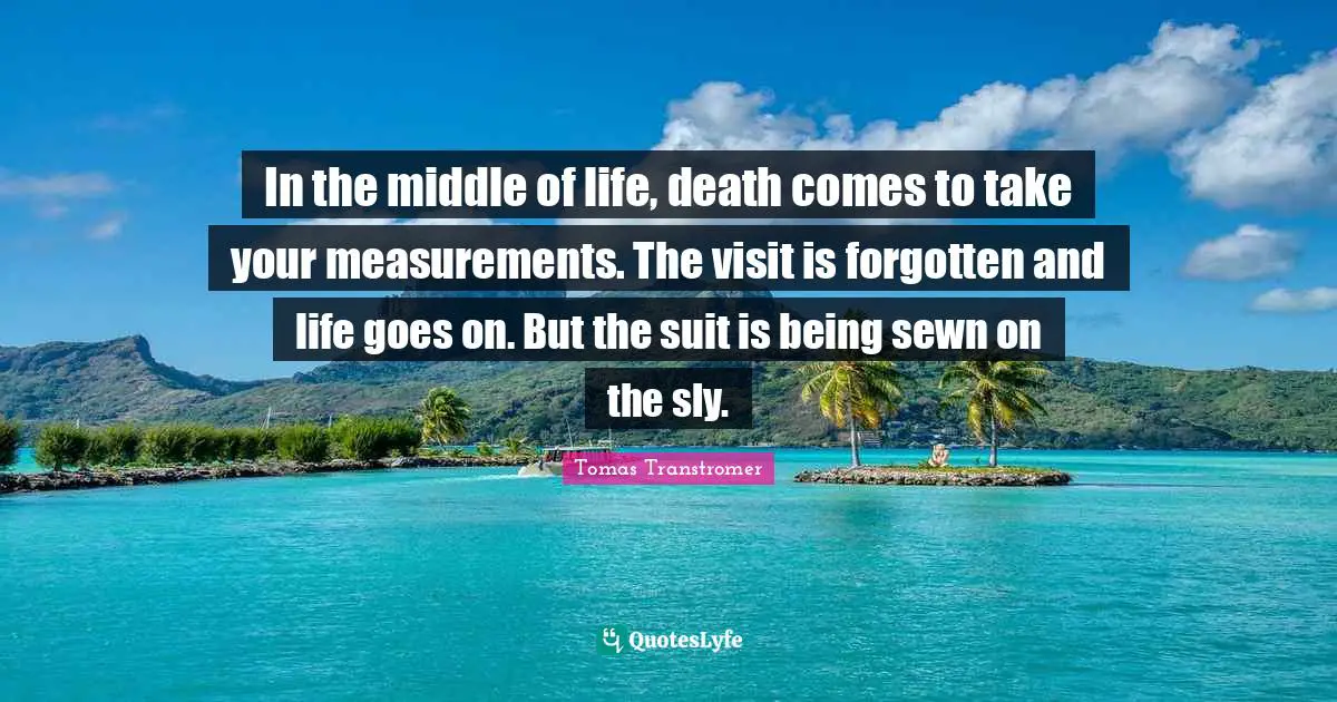 Sly Quotes: "In the middle of life, death comes to take your measurements. The visit is forgotten and life goes on. But the suit is being sewn on the sly."