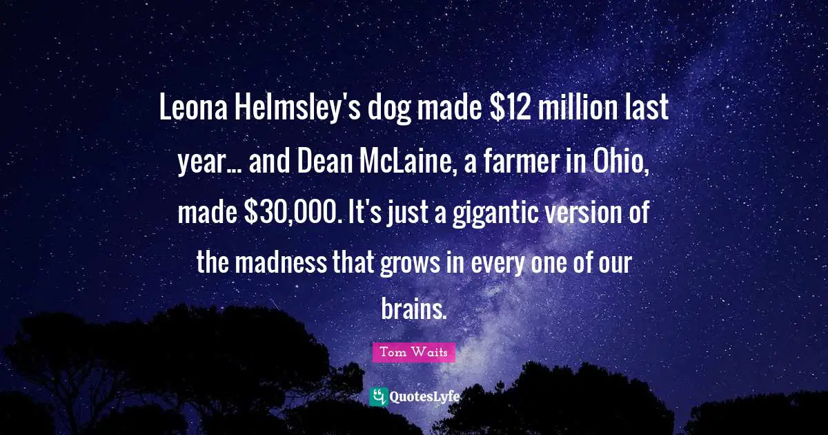 Leona Helmsley's dog made $12 million last year... and Dean McLaine, a farmer in Ohio, made $30,000. It's just a gigantic version of the madness that grows in every one of our brains.
