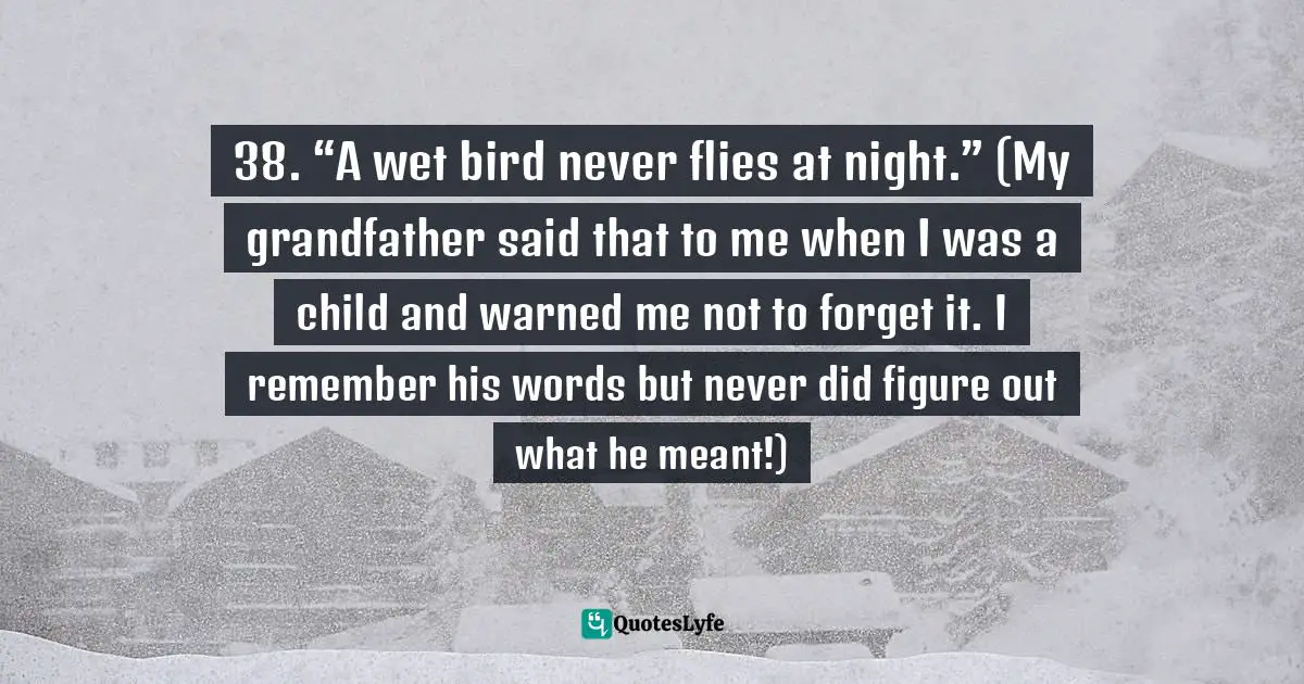 38. “A wet bird never flies at night.” (My grandfather said that to me when I was a child and warned me not to forget it. I remember his words but never did figure out what he meant!)