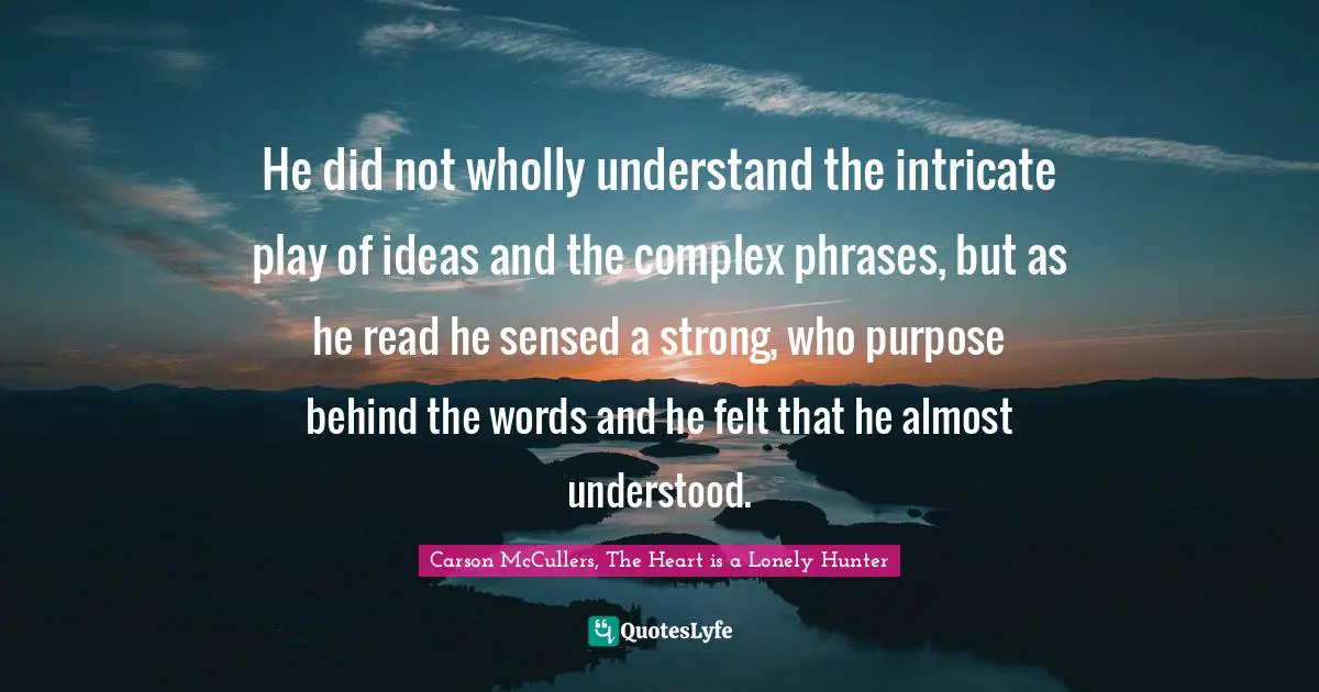 He did not wholly understand the intricate play of ideas and the complex phrases, but as he read he sensed a strong, who purpose behind the words and he felt that he almost understood.