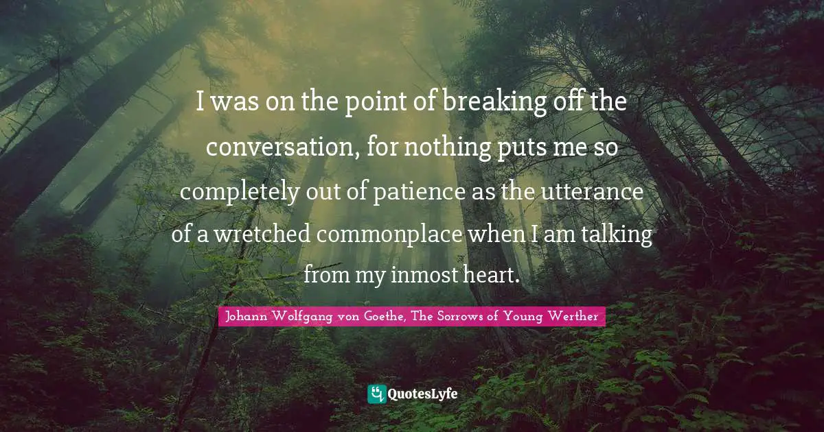 I was on the point of breaking off the conversation, for nothing puts me so completely out of patience as the utterance of a wretched commonplace when I am talking from my inmost heart.