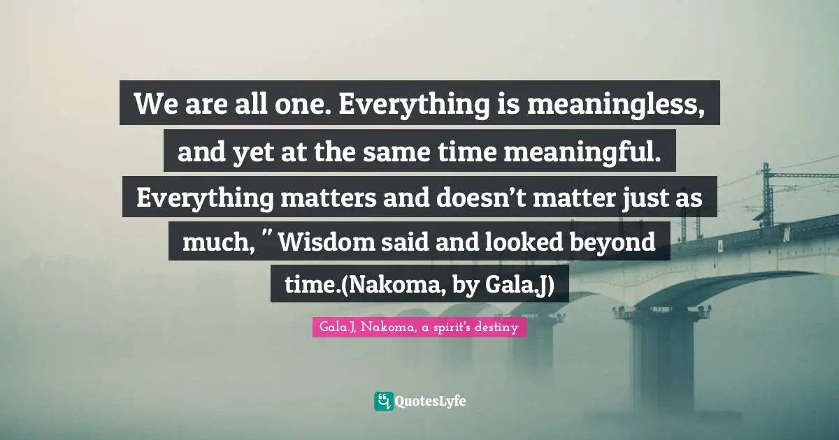 We are all one. Everything is meaningless, and yet at the same time meaningful. Everything matters and doesn’t matter just as much, " Wisdom said and looked beyond time.(Nakoma, by Gala.J)