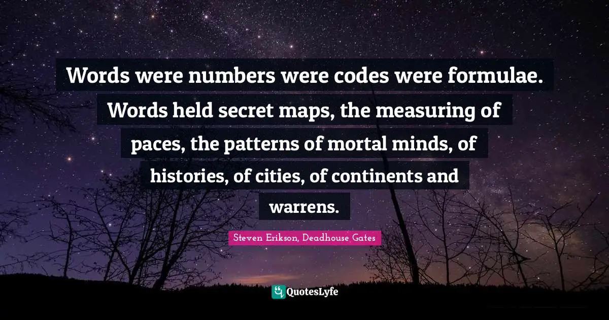 Words were numbers were codes were formulae. Words held secret maps, the measuring of paces, the patterns of mortal minds, of histories, of cities, of continents and warrens.
