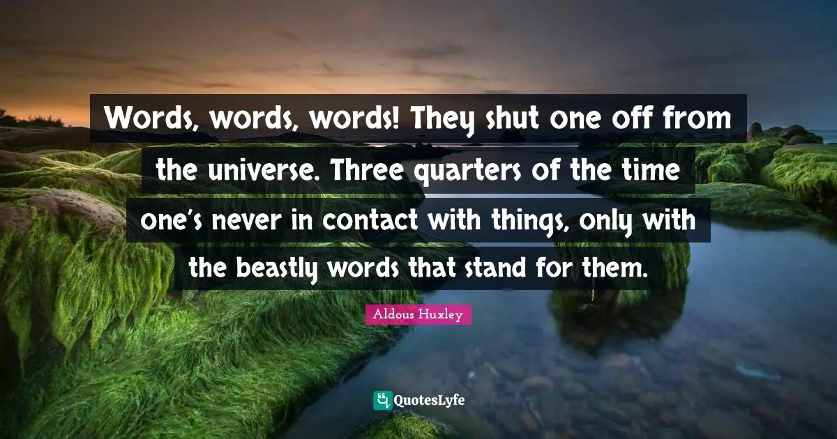 Words, words, words! They shut one off from the universe. Three quarters of the time one’s never in contact with things, only with the beastly words that stand for them.