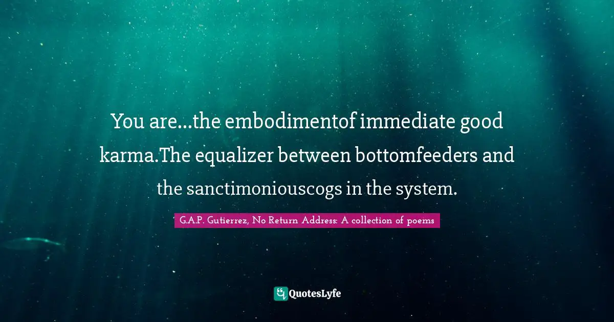 You are...the embodimentof immediate good karma.The equalizer between bottomfeeders and the sanctimoniouscogs in the system.