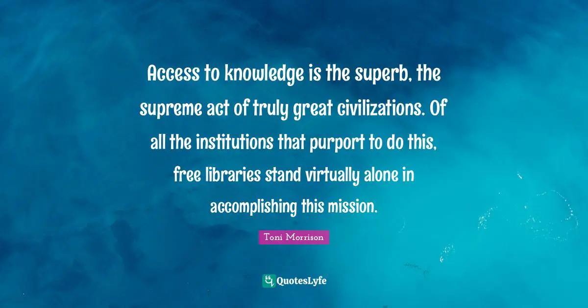 Access to knowledge is the superb, the supreme act of truly great civilizations. Of all the institutions that purport to do this, free libraries stand virtually alone in accomplishing this mission.