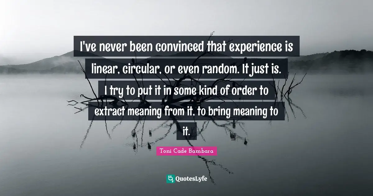 I've never been convinced that experience is linear, circular, or even random. It just is. I try to put it in some kind of order to extract meaning from it, to bring meaning to it.