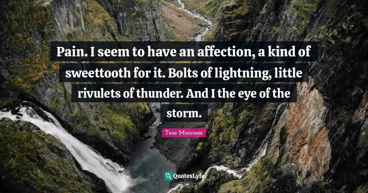 Thunder Quotes: "Pain. I seem to have an affection, a kind of sweettooth for it. Bolts of lightning, little rivulets of thunder. And I the eye of the storm."