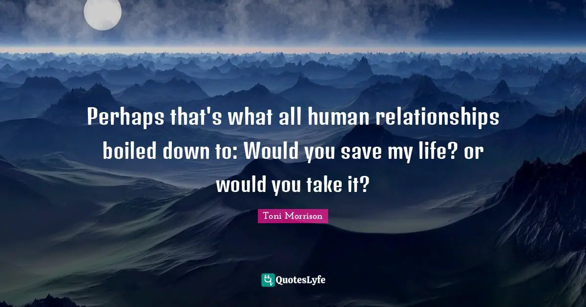 Perhaps that's what all human relationships boiled down to: Would you save my life? or would you take it?