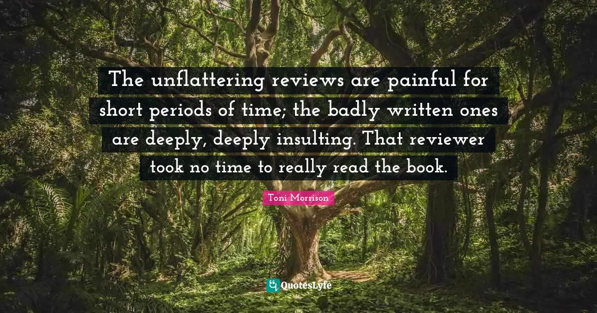 The unflattering reviews are painful for short periods of time; the badly written ones are deeply, deeply insulting. That reviewer took no time to really read the book.