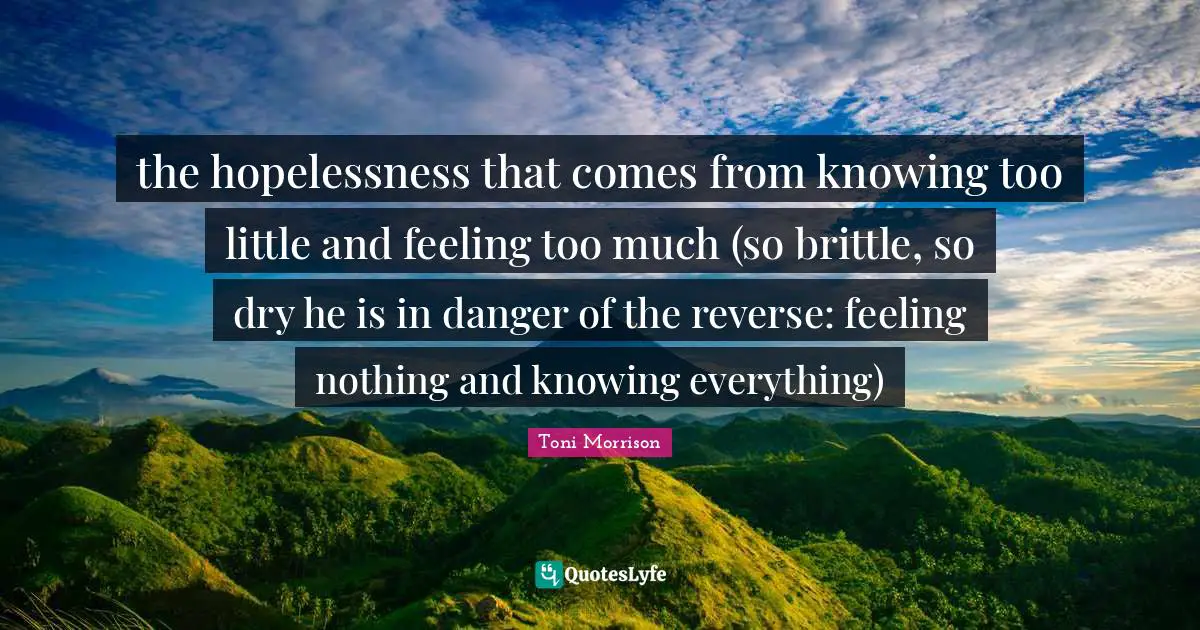 the hopelessness that comes from knowing too little and feeling too much (so brittle, so dry he is in danger of the reverse: feeling nothing and knowing everything)