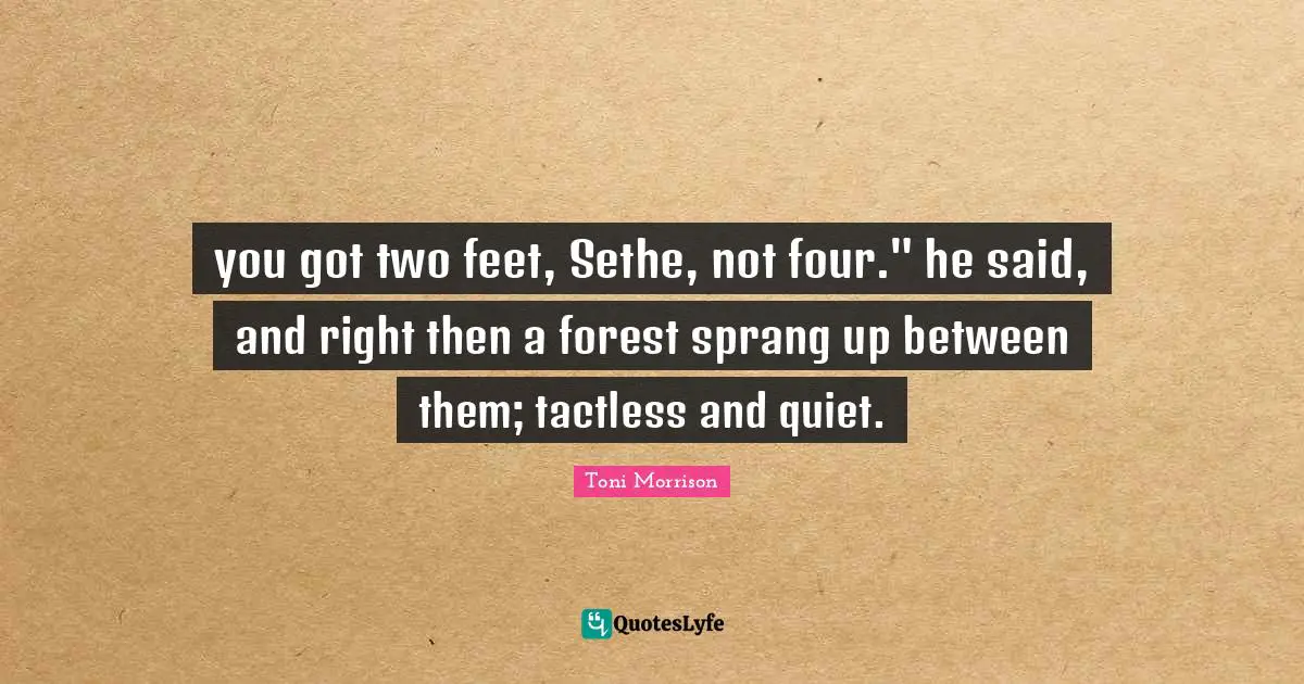 you got two feet, Sethe, not four." he said, and right then a forest sprang up between them; tactless and quiet.