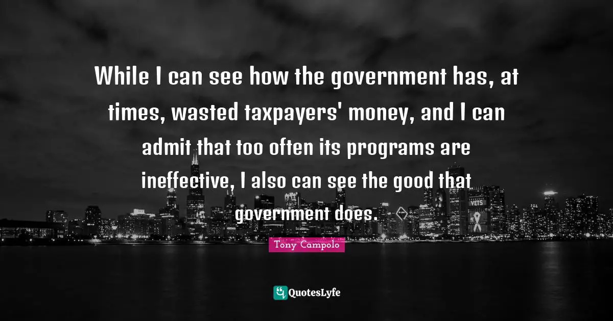 While I can see how the government has, at times, wasted taxpayers' money, and I can admit that too often its programs are ineffective, I also can see the good that government does.