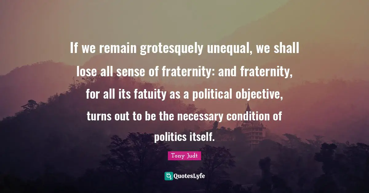 If we remain grotesquely unequal, we shall lose all sense of fraternity: and fraternity, for all its fatuity as a political objective, turns out to be the necessary condition of politics itself.