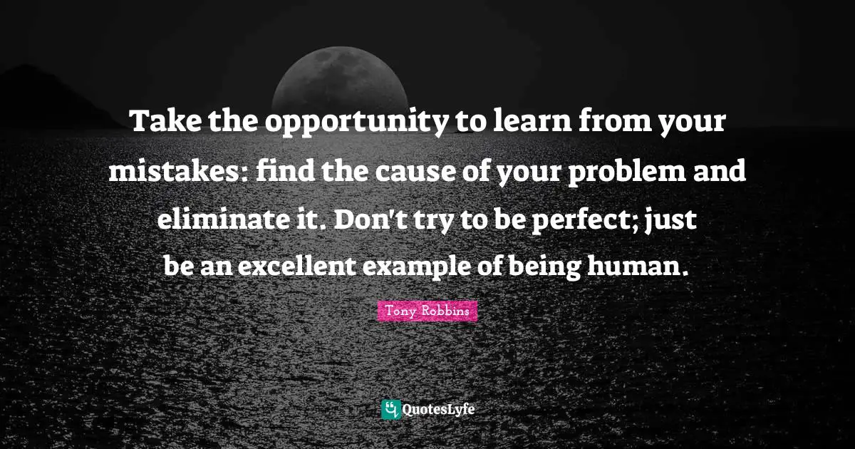 Tony Robbins Quotes: Take the opportunity to learn from your mistakes: find the cause of your problem and eliminate it. Don't try to be perfect; just be an excellent example of being human.