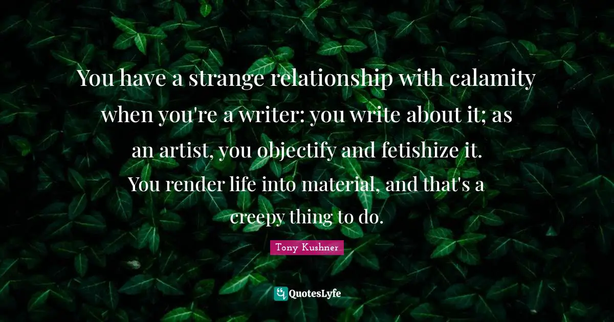 Calamity Quotes: "You have a strange relationship with calamity when you're a writer: you write about it; as an artist, you objectify and fetishize it. You render life into material, and that's a creepy thing to do."
