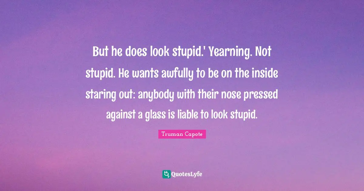 But he does look stupid.' Yearning. Not stupid. He wants awfully to be on the inside staring out: anybody with their nose pressed against a glass is liable to look stupid.