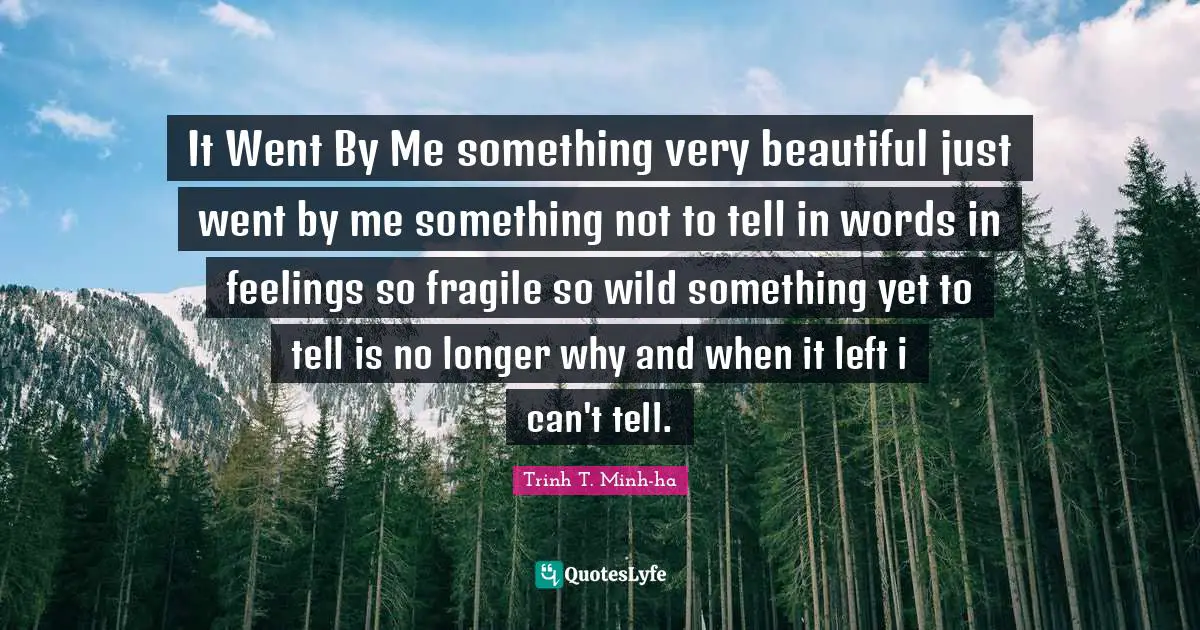 It Went By Me something very beautiful just went by me something not to tell in words in feelings so fragile so wild something yet to tell is no longer why and when it left i can't tell.