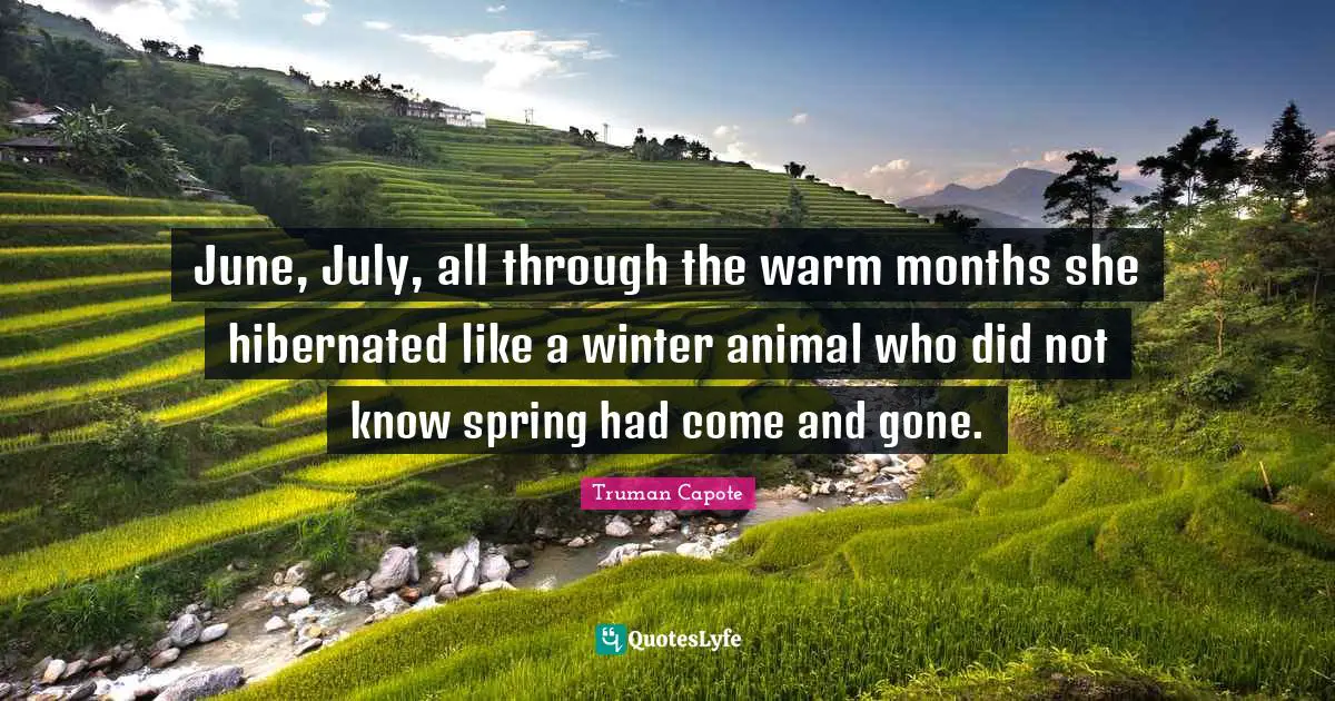 June, July, all through the warm months she hibernated like a winter animal who did not know spring had come and gone.